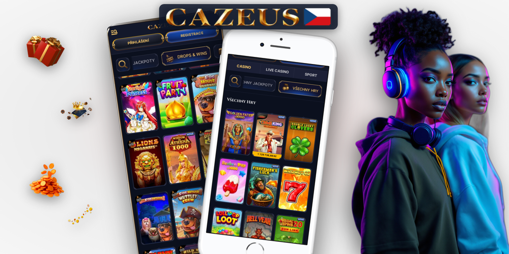 Hlavní obrazovka Cazeus Casino app s dlaždicemi her a navigací